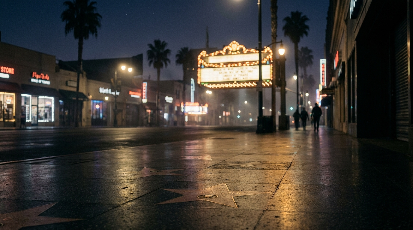 Hollywood Boulevard at night — the Walk of Fame under tungsten light
